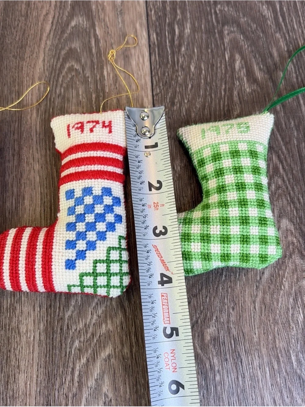 3 Vintage Handmade 1970's Cross Stitch Plush Christmas Stocking Ornaments